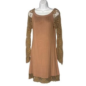Union of Angels Brown Crochet Sleeve Dress M Casual Boho Coastal Cowgirl
